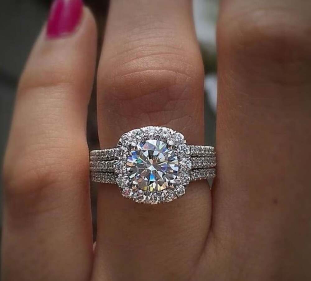 2 CT Round Cut Halo Moissanite Diamond Triple Band Engagement Ring